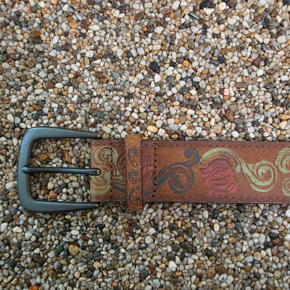 Floral Tooled Leather Belt Brown Boho Western Tooled Tulip M